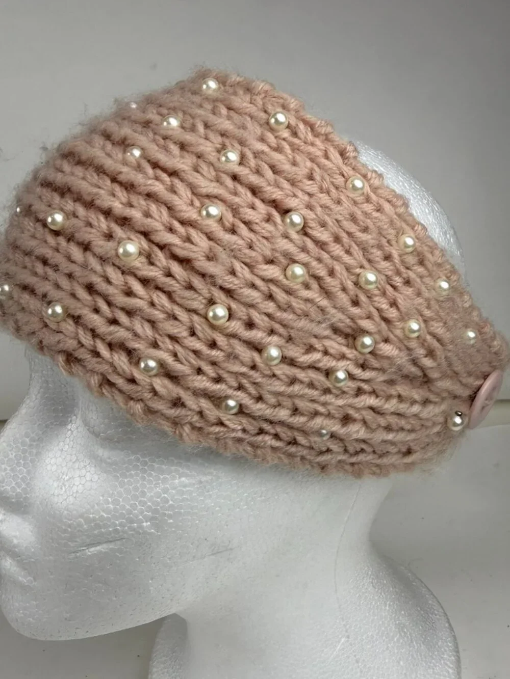 Handmade Knit Pearl Headband Blush Pink Winter Ear Warmer Button Closure